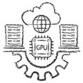 Vector icon of a GPU processor with cloud computing and server racks Royalty Free Stock Photo