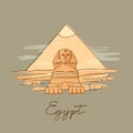 Vector icon of Great Sphinx of Giza isolated on the hand-drawn vector illustration of the pyramids. Royalty Free Stock Photo