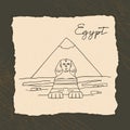 Vector icon of Great Sphinx of Giza isolated on the hand-drawn vector illustration of the pyramids. Royalty Free Stock Photo