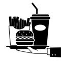 Vector icon of hand carrying food and drink for takeout takeaway