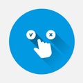 Vector icon hand makes a choice between pressing the negative and the positive button on blue background. Flat image with long Royalty Free Stock Photo