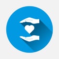 Vector icon of hands holding a heart. healthcare symbol on blu Royalty Free Stock Photo