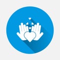 Vector icon of hands holding a heart healthcare symbol icon on blue background. Flat image with long shadow. Layers grouped for Royalty Free Stock Photo