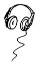 Vector icon of headphones. computer headphones in the style of hand-drawn doodles with a wire, an isolated black contour on a Royalty Free Stock Photo