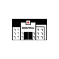 Vector icon of hospital building front silhouette on white background