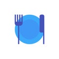 Vector icon or illustration showing plate, knife and fork in material design style