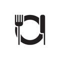 Vector icon or illustration showing plate, knife and fork in one color