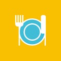 Vector icon or illustration showing plate, knife and fork in outline style