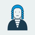 Vector icon of a judge wearing mantle and a wig. It represents work of a judge and a courthouse
