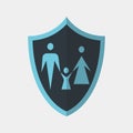 Vector icon made of shield and illustration of a family on it. It represents identity security and data protection for families Royalty Free Stock Photo