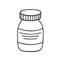 Vector icon of medical container with pills or syrup hand-drawn with black stroke isolated on white background.