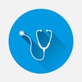 Vector icon medical phonendoscope icon on blue background. Flat image with long shadow. Layers grouped for easy editing