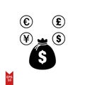 Vector icon of money bag with shadow dollar sign black color EPS 10 full of money bag coins of dollar pound euro uang Royalty Free Stock Photo