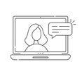Vector icon monoline online meeting via group call. Woman in video chat. Coleagues in video conference at office or home Royalty Free Stock Photo