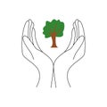 Vector icon of an open hands with a tree on it. A symbol of hope to keep protecting trees and plants Royalty Free Stock Photo