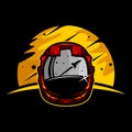 Vector icon of orange red yellow helmet astronaut looking at flying rocket Royalty Free Stock Photo