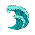 Vector icon of powerful sea wave. High ocean tide. Blue water with black outline. Marine and nautical theme Royalty Free Stock Photo