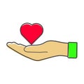 Vector icon of a red hand holding a heart. Flat design of the hand and heart cartoon style on white isolated background Royalty Free Stock Photo