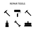 Vector icon with repair tools: hummer, wrench, paint roller, putty knife, nail puller