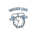 Vector icon ringing alarm clock with inscription wake up on cartoon style on white isolated background