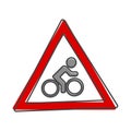 Vector icon road sign cyclist in red triangle. Sign caution cyclist cartoon style on white isolated background Royalty Free Stock Photo