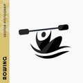 Vector icon of a rower sitting in a boat. Illustration of a rower holding an oar above his head. Rowing flat icon, pictogram.