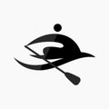 Vector icon of a rower sitting in a boat. Illustration of a rower holding an oar above his head. Rowing flat icon, pictogram.