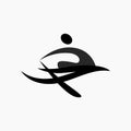 Vector icon of a rower sitting in a boat. Illustration of a rower holding an oar above his head. Rowing flat icon, pictogram.