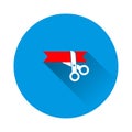 Vector icon scissors cut the ribbon. Opening symbol  on blue background. Flat image with long shadow Royalty Free Stock Photo