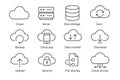 A vector icon set for cloud computing, featuring a server, data storage, sync, backup, cloud app, data transfer, security, and fil Royalty Free Stock Photo
