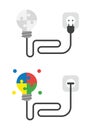 Vector icon set of connected puzzle pieces light bulb with cable, plug and plugged into outlet and glowing Royalty Free Stock Photo