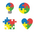 Vector icon set of connected puzzle pieces shaped light bulb, circle, square and heart