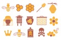 Vector icon set for creating infographics related to bees, pollination and beekeeping like honey jar, flower and honeycomb