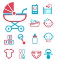 Vector icon set for creating infographics related to childbirth and newborn babies like baby phone, stroller, bottle, face, crib o Royalty Free Stock Photo