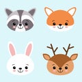 Vector icon set of cute forest animals white hare or rabbit, raccoon, deer and fox Royalty Free Stock Photo