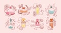 Vector icon set of different perfume bottles with ingredients. Perfume types illustration.