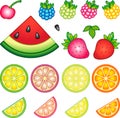 Vector Icon set. Fruits and berries.Watermelon, cherry, raspberry, blueberry, strawberry, orange, lemon, and lime Royalty Free Stock Photo