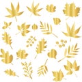 Vector icon set gold foil leaves. Foliage nature leaf isolated elements. Metallic shiny golden floral design for elegant Royalty Free Stock Photo