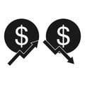 Vector Icon set of a graph of the rising and falling currency of the dollar. The graph shows an up and down arrow and a US dollar Royalty Free Stock Photo