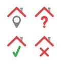Vector icon set of houses with map pointer, question mark, check mark and x mark