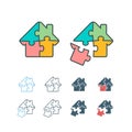 Vector icon set of houses shape four puzzle pieces Royalty Free Stock Photo