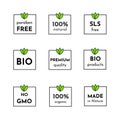 Vector icon set of labels. Organic cosmetics free sls, parabens, 100% natural and healthy. Only bio ingridients.