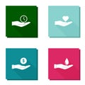 Vector icon set with long shadow hand holding a clock, heart, money and drop of water