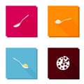 Vector icon set with long shadow spoon with sugar or salt, pizza. Fast Food. Pizza`s slice