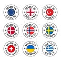 Vector icon set made in england, turkey, denmark, norway, sweden, switzerland, ukraine, greece and made in europe Royalty Free Stock Photo