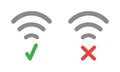 Vector icon set of wireless wifi symbols with check mark and x mark