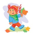 Vector icon of small boy collects fallen leaves