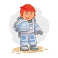 Vector icon of small child astronaut in a space suit and helmet in hand.