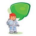 Vector icon of small child astronaut in a space suit and helmet in hand.