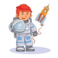 Vector icon of small child astronaut in a space suit and helmet in hand.